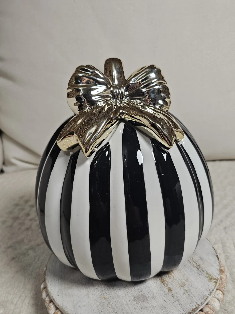Black and White Striped Decorative Pumpkin with Gold Bow 8